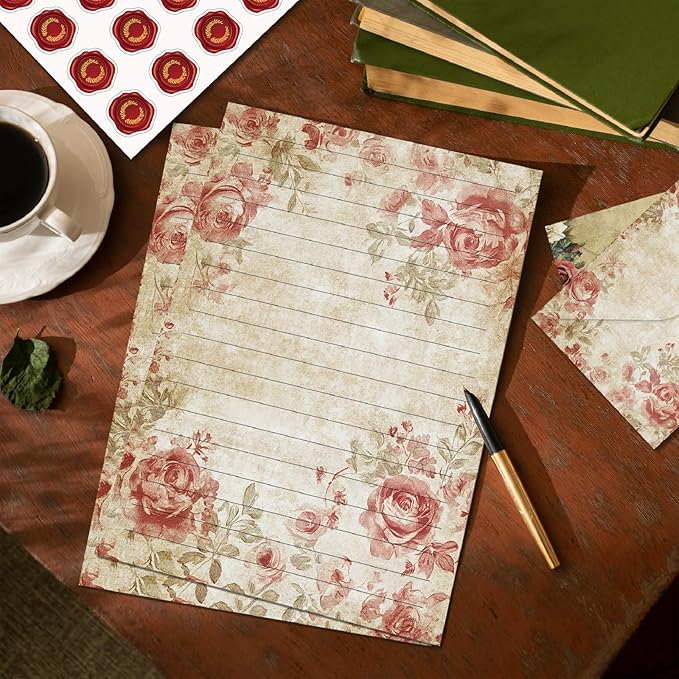 160 Pcs Stationery Paper Envelopes Set Includes 50 Lined Writing Paper & 50 Envelopes with 60 Colorful Round Dot Stickers, Vintage Floral Letter Writing and Stationery Paper Envelopes(10Style)