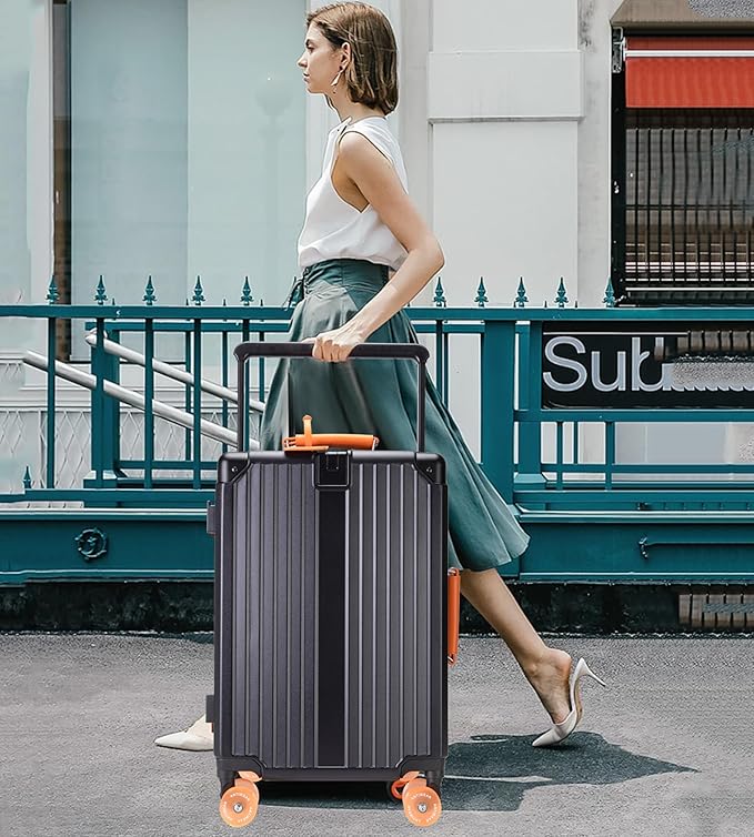 feilario 24" Aluminum Frame Wide Handle Hard Shell Carry On Suitcase - Vivid Colors Double Spinner Wheels Airline Approved Rolling Luggage with TSA Lock & Cup Holder (Black, 24in)