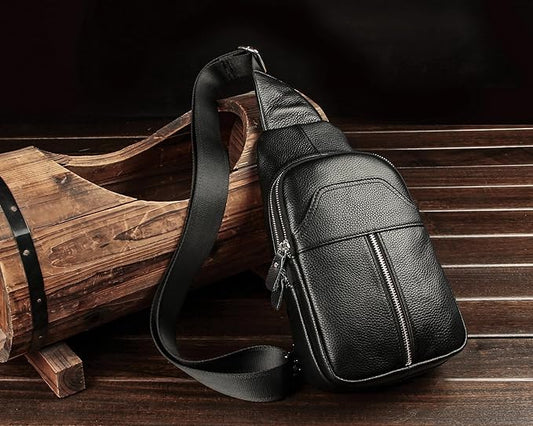 DK86 Genuine Leather Sling Bag for Men and Women Crossbody Small Fanny Packs Chest Travel Backpack Daypack Black