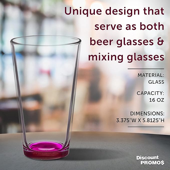 DISCOUNT PROMOS Arc Pint Glass 16 oz. Set of 10, Bulk Pack - Beer Glasses, Heavy Duty Drinkware - Pink