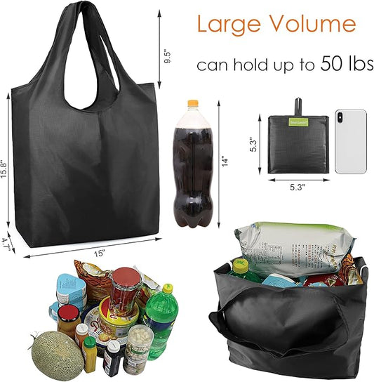 BeeGreen Black Tote Bag Shopping Bags for Groceries & Reusable Grocery Bag Heavy Duty, Large Tote Bag for Women, Foldable 6 Pack Gift Bags With Handles, Cute Cloth Washable for Holiday Travel & Bulk