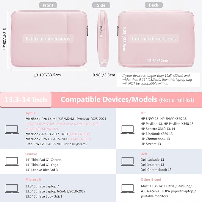 HYZUO 13.3-14 Inch Laptop Sleeve Bag Set for MacBook Pro 14 M4/M3/M2/M1, MacBook Air/Pro 13.3, 13.5"/13.8" Surface Book/Laptop, Notebook Case for 13.3" HP Dell Lenovo Asus Acer, Pale Pink