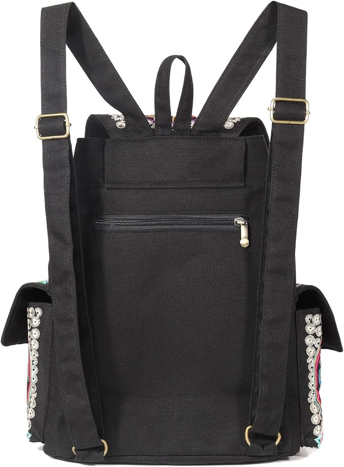 SILKAREA Vintage Embroidered Backpack Purse for Women Handbag Canvas Shoulder Bag Ethnic Boho Travel Backpack (Black S2) Large