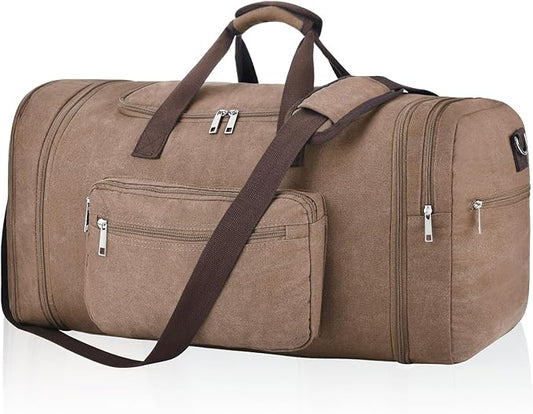Felipe Varela 60L Duffle Bag for Men, Large Expandable Canvas Duffel Bag for Travel, Mens Carry On Luggage Bag Traveling Weekender Gym Overnight Bags for Airplanes, Coffee