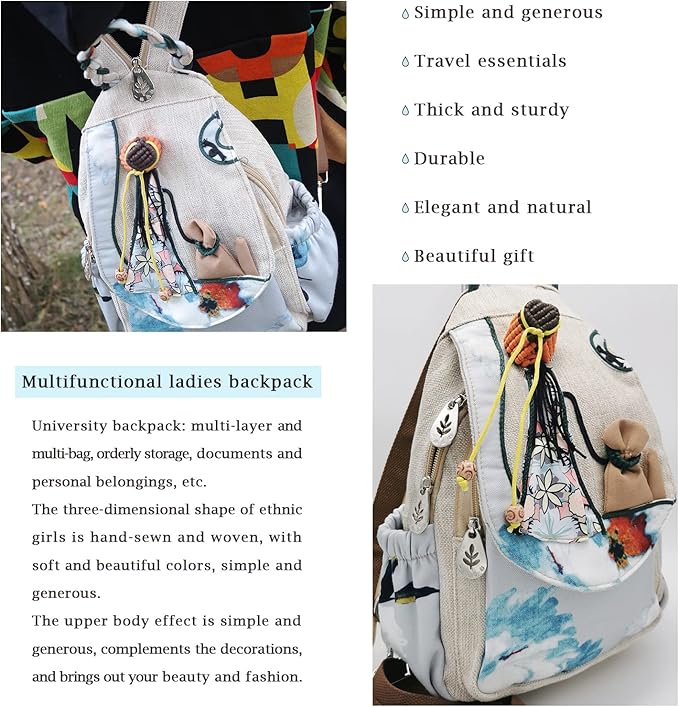 HUANGGUOSHU Women Cotton Woven Bohemian Hemp Boho Canvas Embroidery Multi Pocket Retro Cute Backpack Wallet Backpack（Maiden）