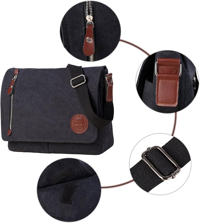 Vintage Canvas Satchel Messenger Bag for Men Women,Travel Shoulder bag 13.5" Laptop Bags Bookbag (Black)