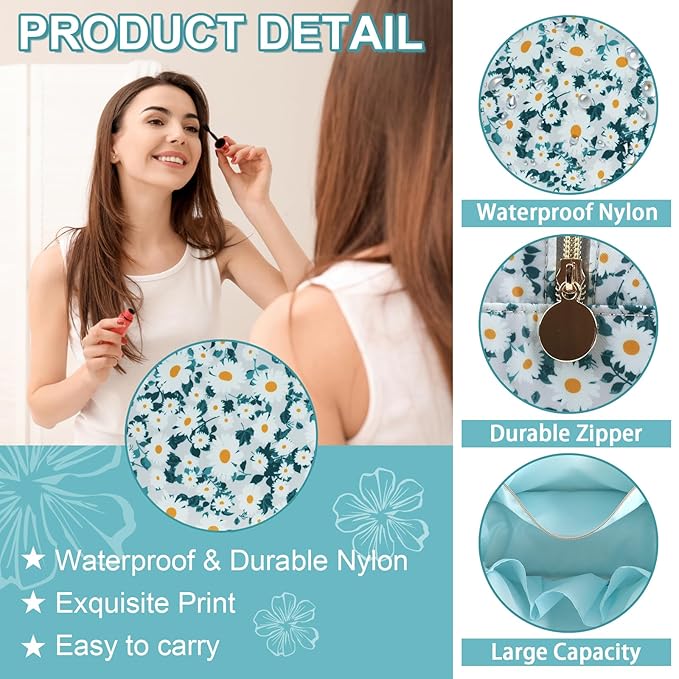 Waterproof Large Floral Makeup Pouch,Nylon Travel Toiletry Storage Purse Preppy Cosmetic Bag for Women Girl,Large Capacity Makeup Organizer Zipper Pouch for Work(L Green-Daisy)
