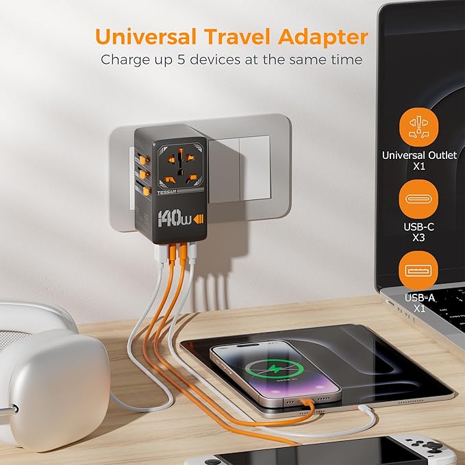 TESSAN Universal Travel Adapter, 140W GaN International Plug Adaptor with 3 USB C and 1 USB A Charging Ports, Worldwide Power Outlet for US to Europe UK AUS Ireland(Type C/G/A/I), Black