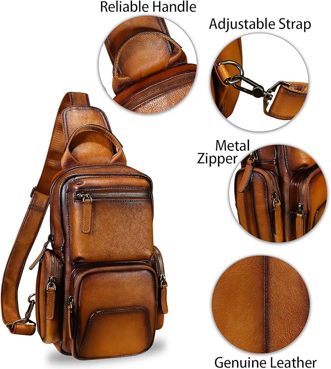 IVTG Genuine Leather Sling Bag Crossbody Casual Hiking Daypack Vintage Handmade Chest Bag Shoulder Backpack Motorcycle Pack (Brown)