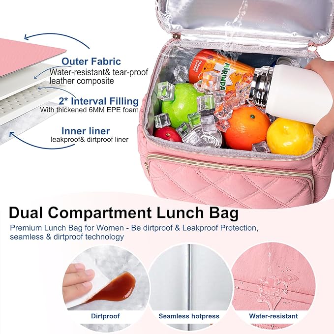 Weitars Lunch Bag for Women Men,Double Deck Lunch Box for Women,Quilted Lunch Tote for Work,Insulated Lunch Cooler Leakproof Lunchbox for Adult with Shoulder Strap &Pockets for Picnic Hiking (Pink)
