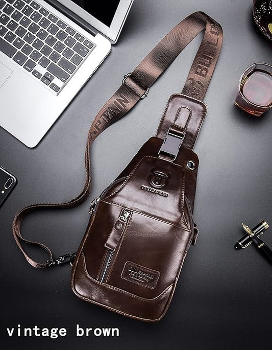 BULLCAPTAIN Genuine Leather Men Sling Backpack Multi Pocket Crossbody Chest Bags Travel Hiking Daypack