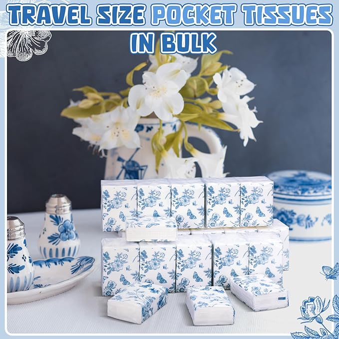 Therwen 100 Pack Pocket Tissues Travel Packs Bulk 1000 Sheet Mini Tissues Bulk 3 Ply Small Travel Size Paper Individual Pocket Size (Butterfly)