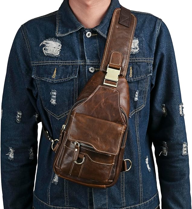 Genuine Leather Hiking Travel DayPack Sling Crossbody Triangle Chest Pack Bag For Men Women 8241