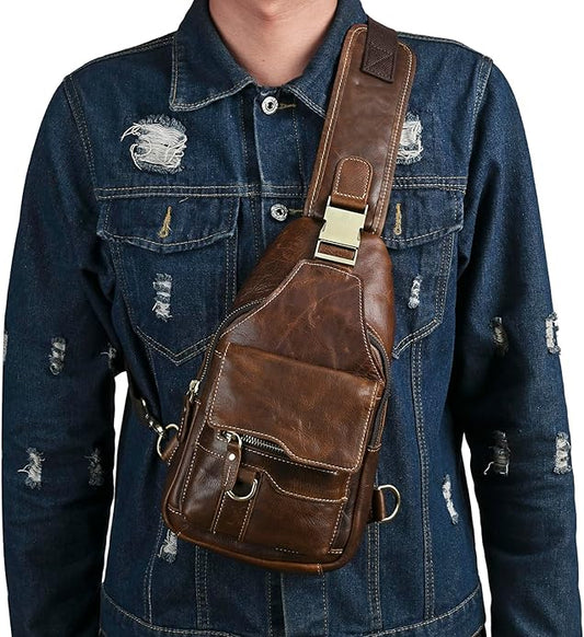 Genuine Leather Hiking Travel DayPack Sling Crossbody Triangle Chest Pack Bag For Men Women 8241