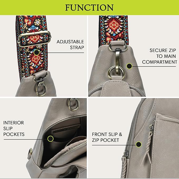 Antik Kraft Tasha Webbing Strap Sling (Taupe) | Vegan Leather Crossbody Bag for Women with 16-20" Strap | Sling Bags for Women with Durable Antique Brass Hardware | 7in x 2.5in x 12.5in |