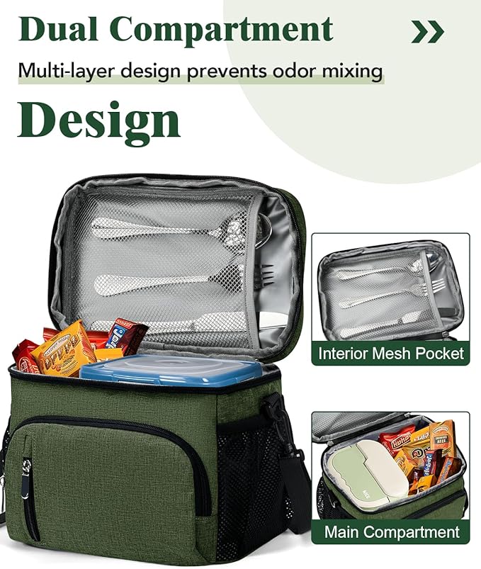 Insulated Lunch Bag for Men & Women - Leakproof Lunch Box Soft Cooler Tote, Adjustable Strap, Reusable Lunch Box for Work Office Picnic Beach Travel-Green
