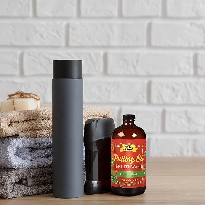 THE DIRT Oil Pulling Mouthwash - Gluten Free - Removes Plaque, Tartar, Bad Breath & Whitens Teeth (Cinna Mint, 8 Ounce)