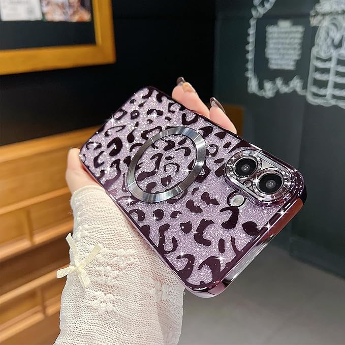 for iPhone 16 Plus Case Magnetic,Soft Cute Luxury Leopard Cheetah Pattern Plating Glitter Bling Phone Case Compatible with MagSafe Clear Shockproof Back Cover for Women Girl 6.7"-Purple