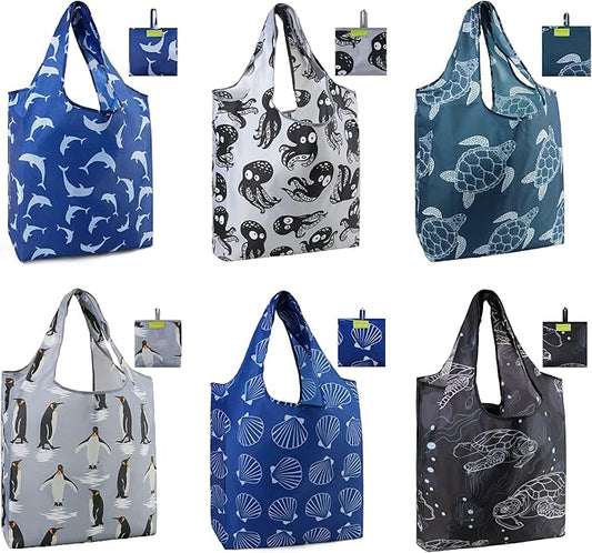 BeeGreen Foldable Tote Bags with Handles Reusable Grocery Bags - Heavy Duty Washable Polyester Travel & Shopping Basket - Large Reusable Gift Bulk 6 Set for Women (Ocean Animal Lovers Design)