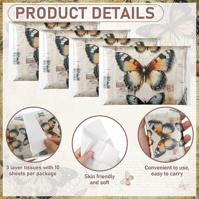 50 Pack Butterfly Pocket Tissues Individual Packs Retro Butterfly Pocket Facial Bulk 3 Ply Wallet Travel Tissues for Summer Wedding Party Supplies