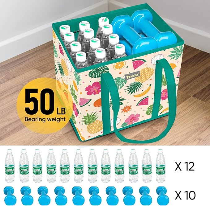 BALEINE 3Pk Reusable Grocery Bags, Foldable Shopping Bags for Groceries with Reinforced Bottom & Handles (Hawaiian Brunch)