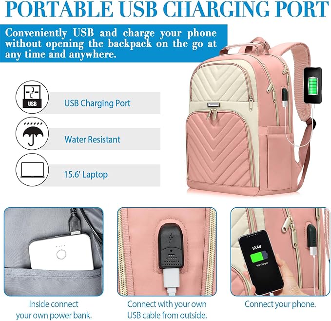 Backpack for Women, School Backpacks for Teen Girls, Stylish Cute Laptop Backpack, Teacher Student College Bookbags with USB Charging Port, Beige & Pink