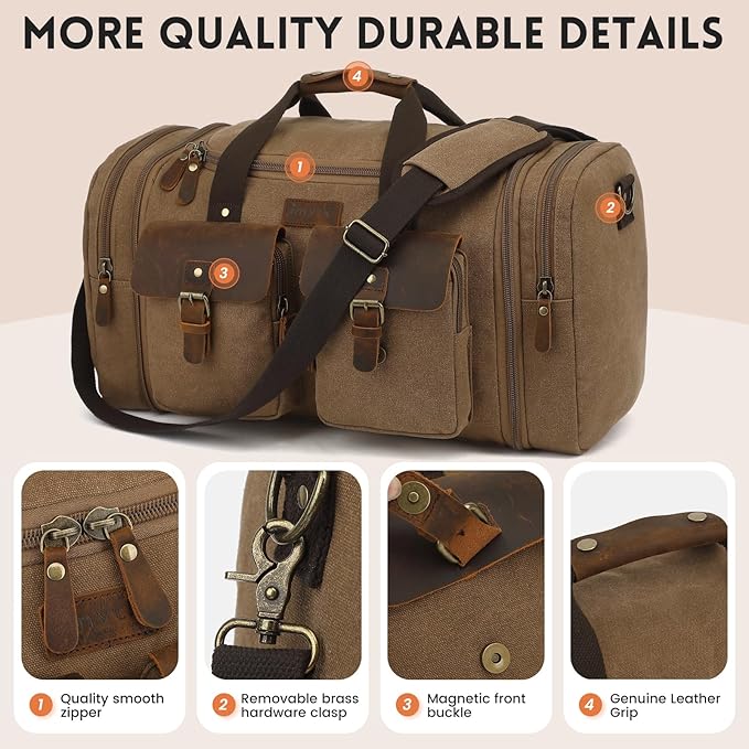 Imyth Retro Crazy Horse Leather Canvas Duffle Bag 60L Expandable Travel Bag for Airplanes (Coffee)