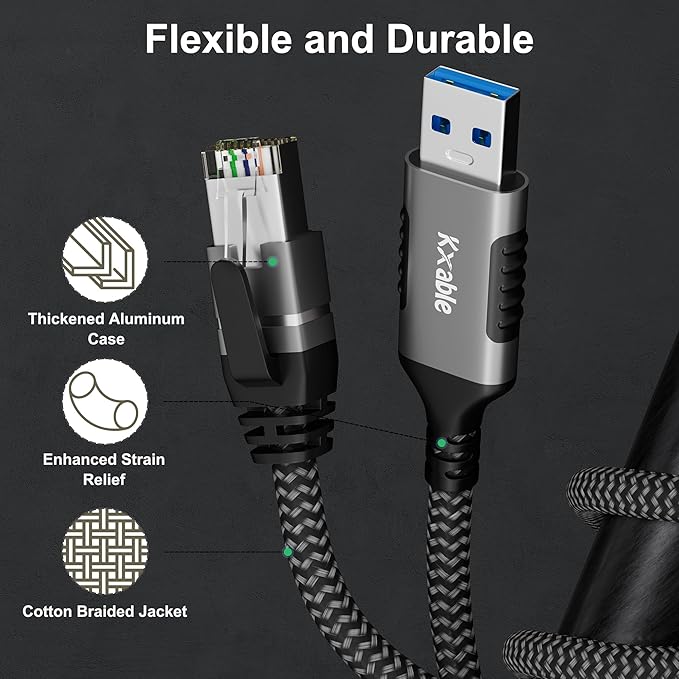 USB to Ethernet Cable 2 FT, USB 3.0 A Male to RJ45 Male Cord, Directly Connected, Aluminum Portable Gigabit LAN Network Cable for Laptop, PC, Switch, More, Braided With 5 Pcs Ties