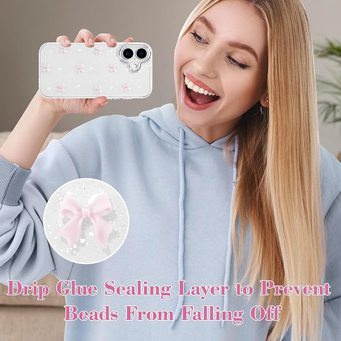 EYZUTAK Case for iPhone 16 Plus, Bling Glitter 3D Bowknot Phone Case Cute Sparkly Crystal Clear Bow Aesthetic Design Case Slim Soft Durable TPU Transparent Protective Cover for Women Girl - Pink Bow