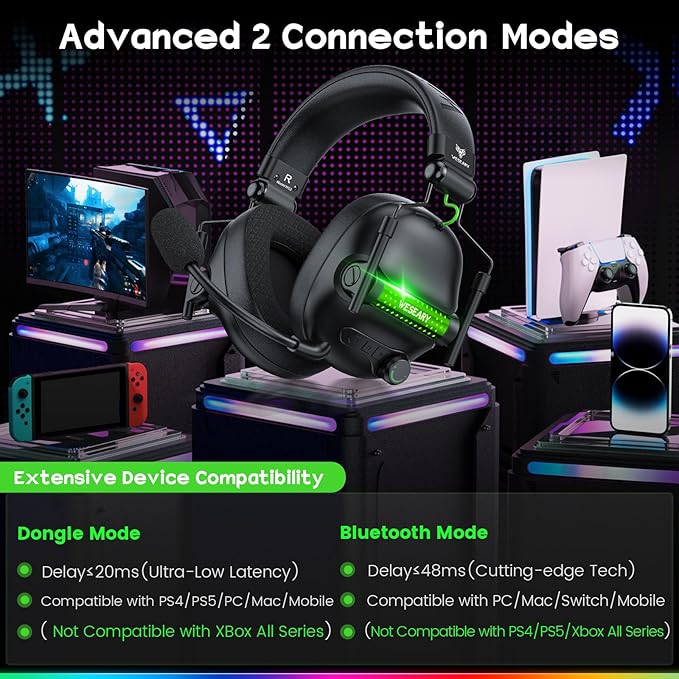 WG2 Wireless Gaming Headsets with Microphone for PS5, PS4, PC, Switch, Mac, Crystal Stereo Bluetooth Headphones, Wireless Headset 2.4GHz with Lossless Audio, 50 Hr Battery, Cool LED
