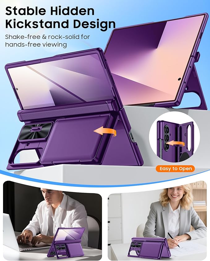 CENMASO for Samsung Galaxy Z Fold 7 Case with Card Holder [RFID Blocking] Camera Cover, Hinge Protection, Hidden Kickstand, Screen Protector, Slim Shockproof Phone Case for Galaxy Z Fold 7-Purple