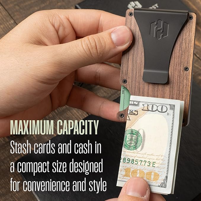 Hayvenhurst Wallet For Men - Reinvented Design Men's Wallet - Slim, Minimalistic & Seamless Card Case, Blocks RFID Scanners, Holds 12 Cards (Walnut Wood)