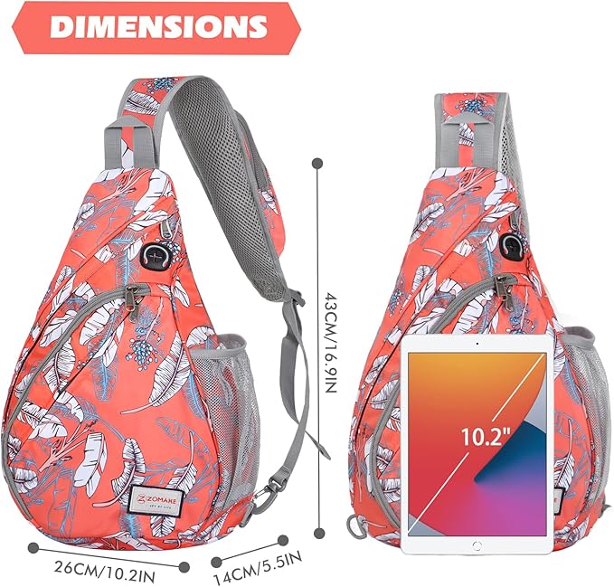 ZOMAKE Sling Bag,Small Crossbody Sling Backpack,Water Resistant Shoulder Daypack for Travel,Anti Thief Chest Bag for Hiking(Orange White Leaf)
