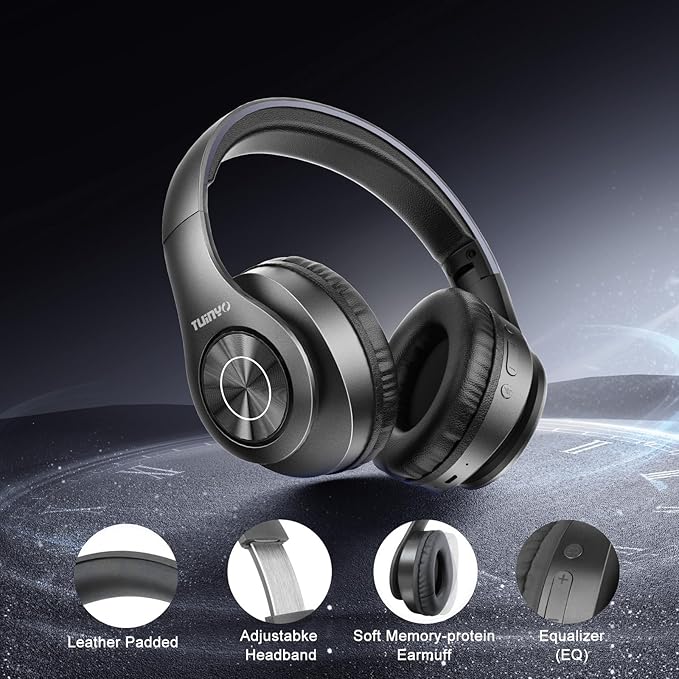 TUINYO Bluetooth Headphones, Over Ear Stereo Wireless Headset 40H Playtime with Deep Bass,Soft Memory-Protein Earmuffs,Built-in Mic Wired Mode PC/Cell Phones-Black