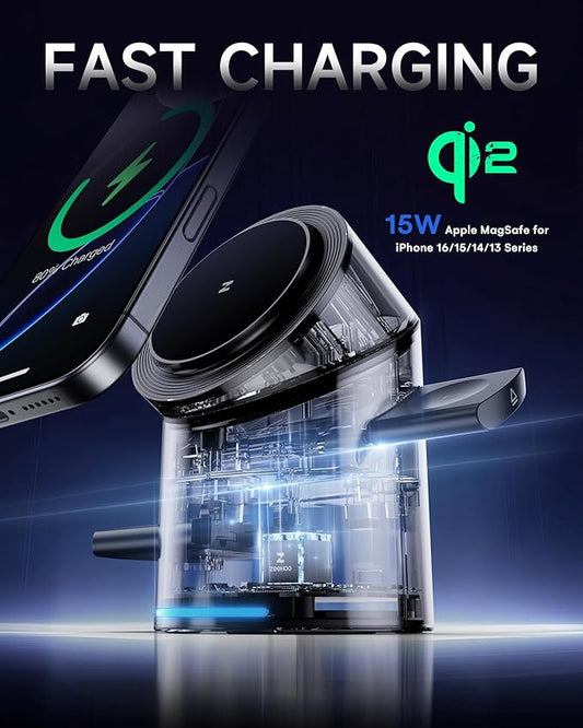 ZEEHOO 3 in 1 Charging Station for Apple Devices, Mag-Safe Charger Stand, Qi2 15W Auto-Rotating Wireless Charger for iPhone 16/15/14/13/12 Series& AirPods& iWatch(Black)