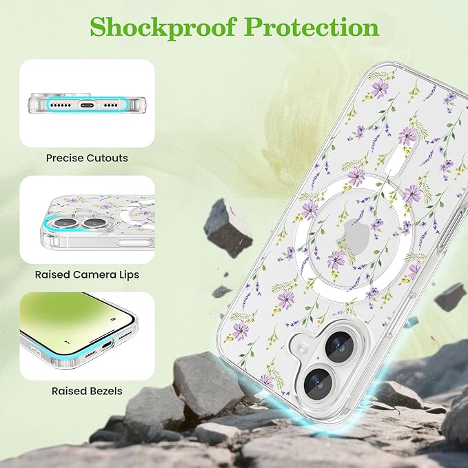 ZTOFERA for iPhone 16 Magnetic Case Compatible with Magsafe,Aesthetic Floral Pattern Design Cute for Girl Women,Anti-Drop Protective Hard Phone Cover for iPhone 16-Purple Flower