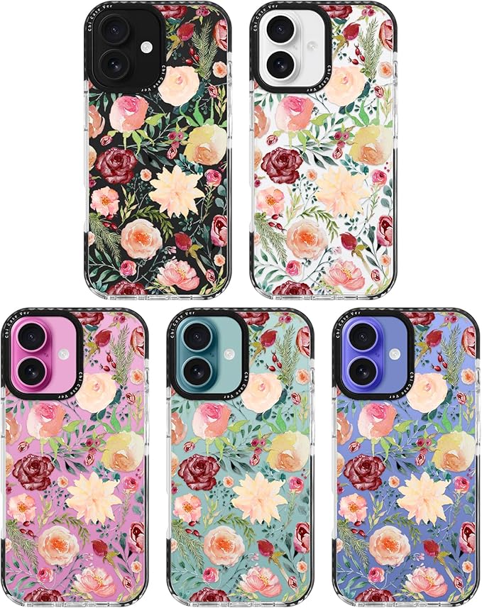 for iPhone 16 Case, Watercolor Rose Garden Pattern, Military-Grade Drop Protection, Cute Soft Slim TPU Protective Cover with Camera Lens Protection for Women & Girls