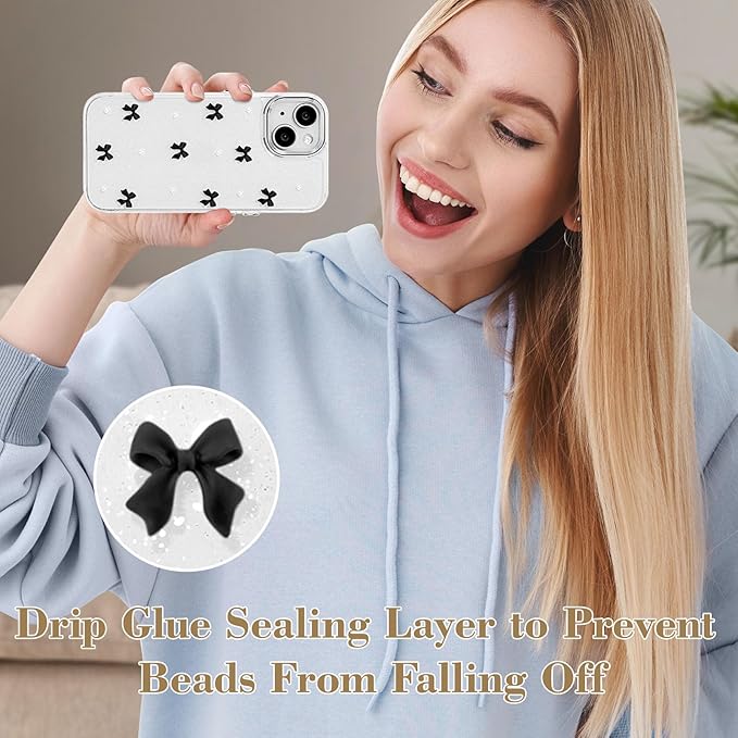 EYZUTAK Case for iPhone 15 Plus, Bling Glitter 3D Bowknot Phone Case Cute Sparkly Crystal Clear Bow Aesthetic Design Case Slim Soft Durable TPU Transparent Protective Cover for Women Girl - Black Bow