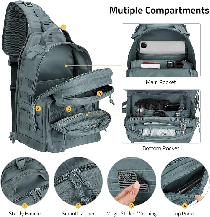 CVLIFE Tactical Sling Bag Backpack for Men Military Shoulder Sling Bag Molle Army Assault Detachable Tactical Bag with Bottle Holder Concealed Carry Daily Day Pack Work Bag for EDC Hiking, Grey