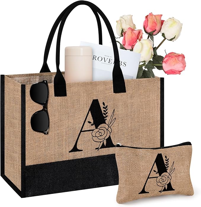 AYGE Personalized Initial Jute Tote Bag & Makeup Bag, Beach Bag, Monogrammed Birthday Gifts for Women Sister Mom Bridesmaid