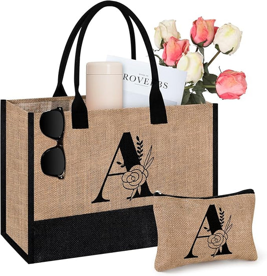 AYGE Personalized Initial Jute Tote Bag & Makeup Bag, Beach Bag, Monogrammed Birthday Gifts for Women Sister Mom Bridesmaid