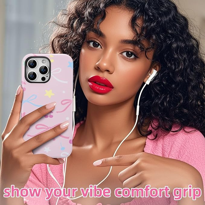 QLTYPRI Case for iPhone 15 Pro Max, Aesthetic Colorful Bow Cherry Stars Phone Case for Girls Women, Protective Hybrid 2-Layer Hard Shell Silicone Cover Durable Shockproof Phone Cover - Pink