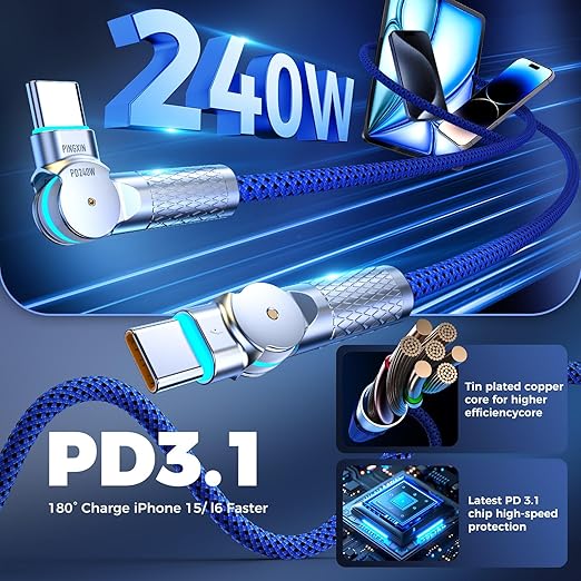 USB C to USB C Cable 6.6ft,240W 2-Pack Braided 180°Rotating Type C Charging CableFast Charge for iPhone 15/16/16Pro/16Plus/16ProMax,MacBook Air,iPad Pro,Pixel,Samsung Galaxy S23/S24 Ultra-Blue