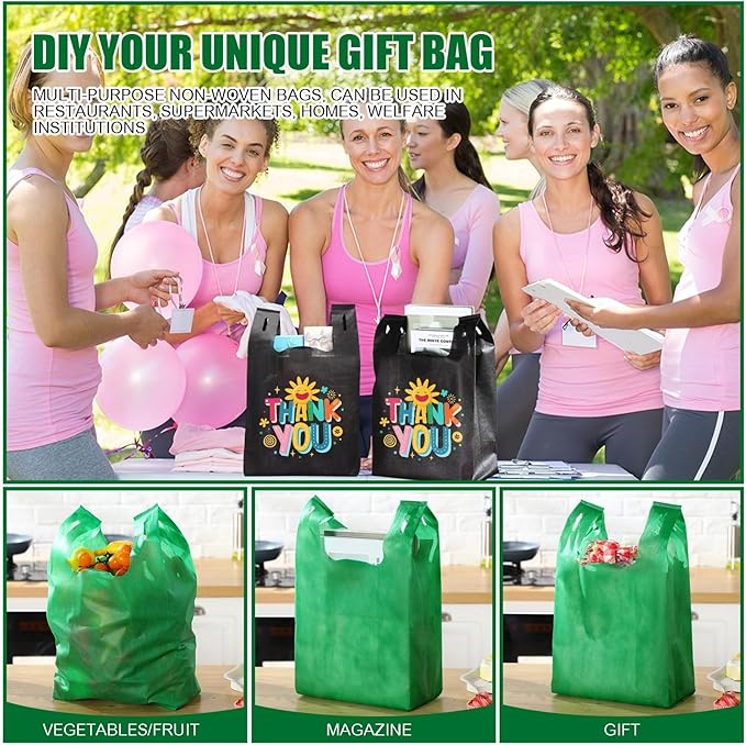 Windyun Large Grocery T-shirt Bags Bulk Reusable Non Woven Shopping Bag Foldable Gift Tote with Handle, 21x11x6 Inch