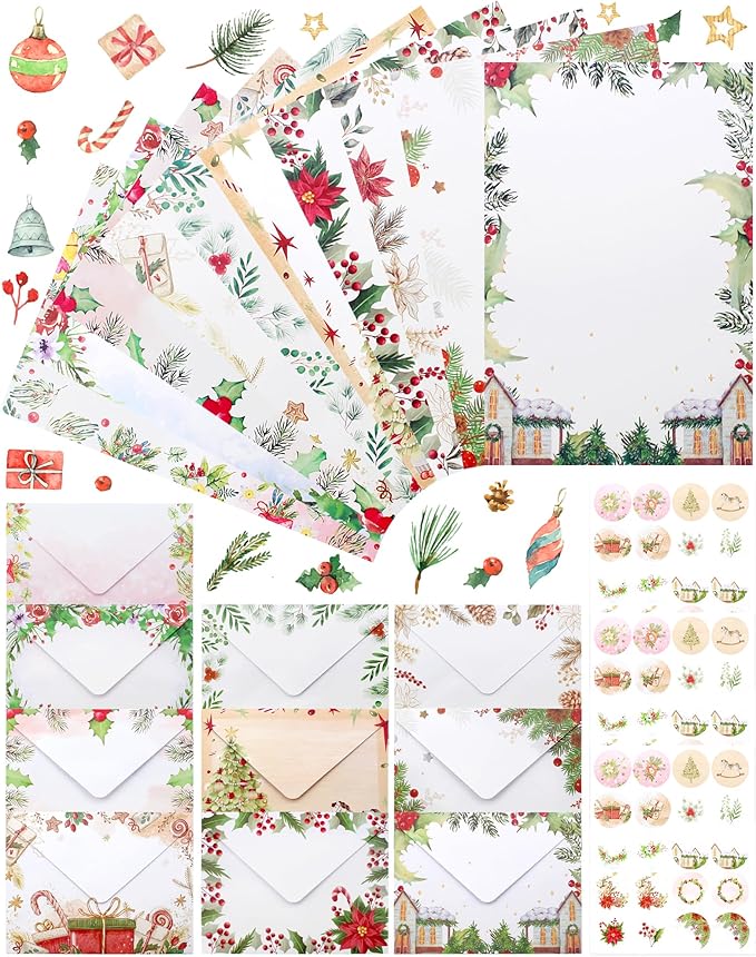 160 Pcs Stationery Paper Set Including 50 Matching Envelopes 50 One Sided Stationery Writing Papers 60 Round Dot Sticker for School Office Supplies,10 Design, 5.5 x 8.25 Inch(Christmas)