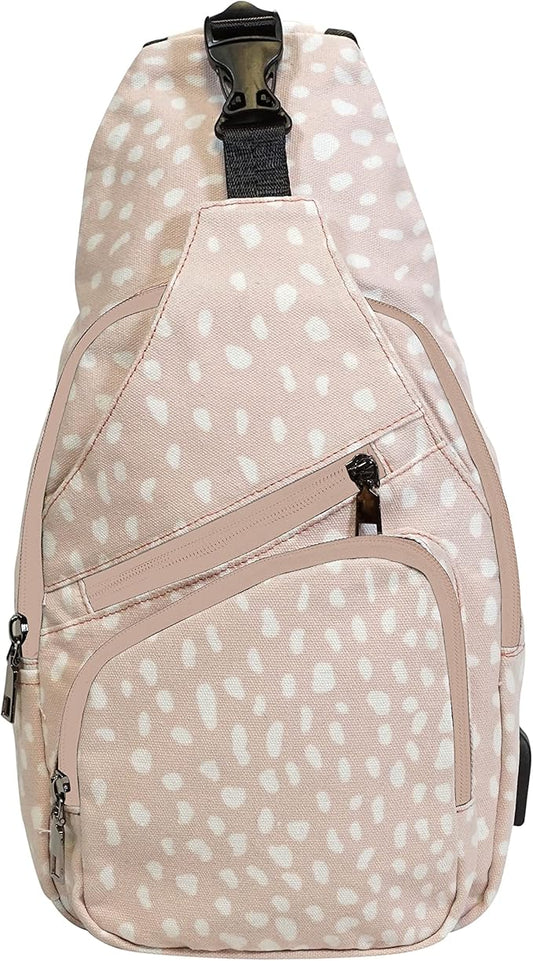 Anti-Theft Daypack Crossbody Sling Backpack, USB Charging Connector Port, Lightweight Day Pack for Travel, Hiking, Everyday, Large, Vintage Fawn