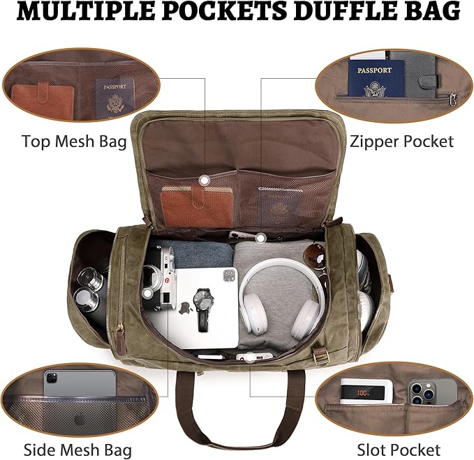 50L Duffle Bag for Men, Nomad Waxed Canvas Travel Duffel Bag Vintage Genuine Leather Travel Handbag Upgraded Weekender Overnight Backpack with Shoes Compartment (Vintage Grey)