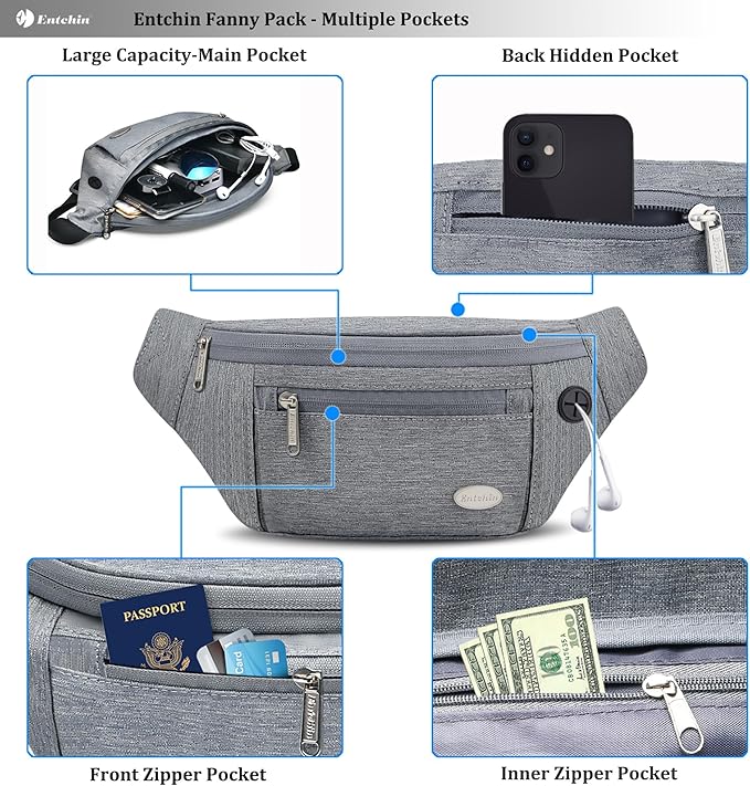 Entchin Fanny Pack for Women Men,Crossbody Belt Bag with 4-Zipper Pockets,Adjustable Waist Bag Pack,One of the Most Popular Travel Essential Gifts for Walking,Traveling,Cycling