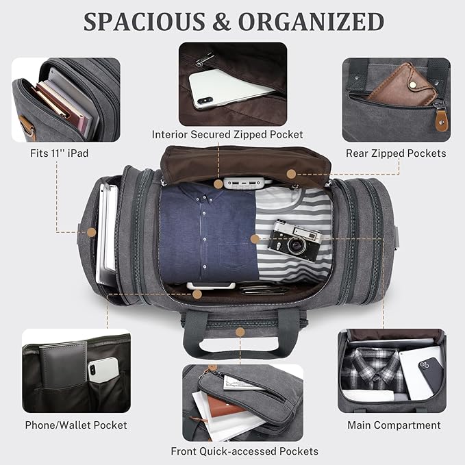 Gonex Canvas Duffle Bag for Travel 50L Expandable Duffel Weekend Overnight Bag men (Gray)