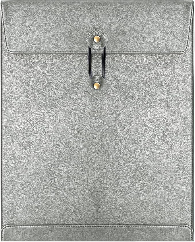 Grey PU Leather File Folder for Documents,Important Document Folder with String Tie,Laptop Sleeve Notebook Case,Leather File Organizer,A4 Envelopes Filing Folder